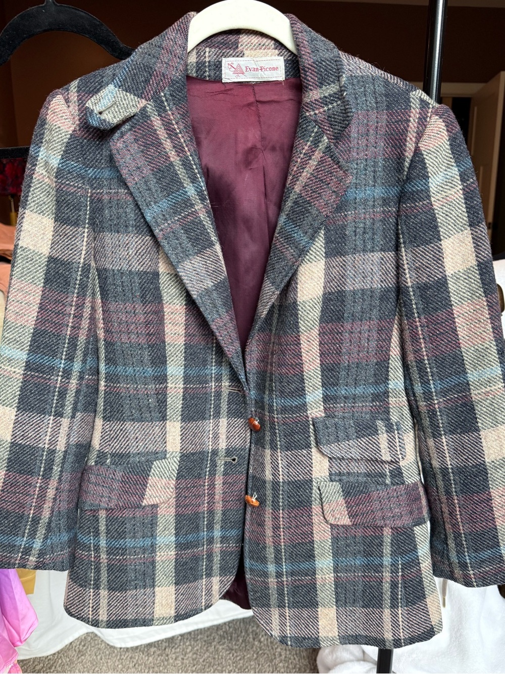 Evan Picone Plaid Wool-Blend Sport Coat in Green, Gray & Burgundy